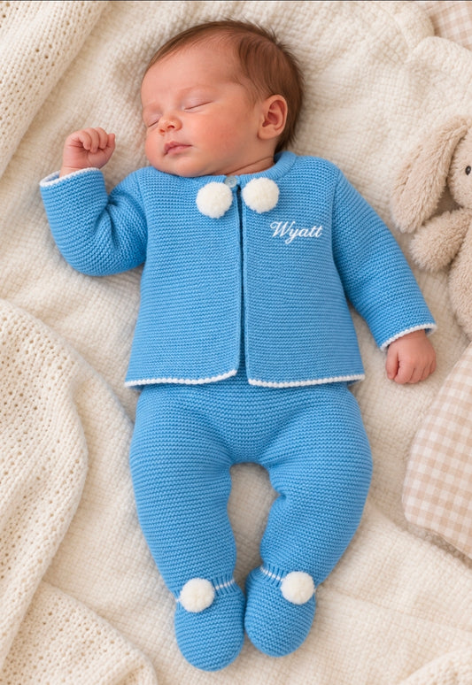 Baby Boys Personalised Dusky Blue Pom Pom Set
