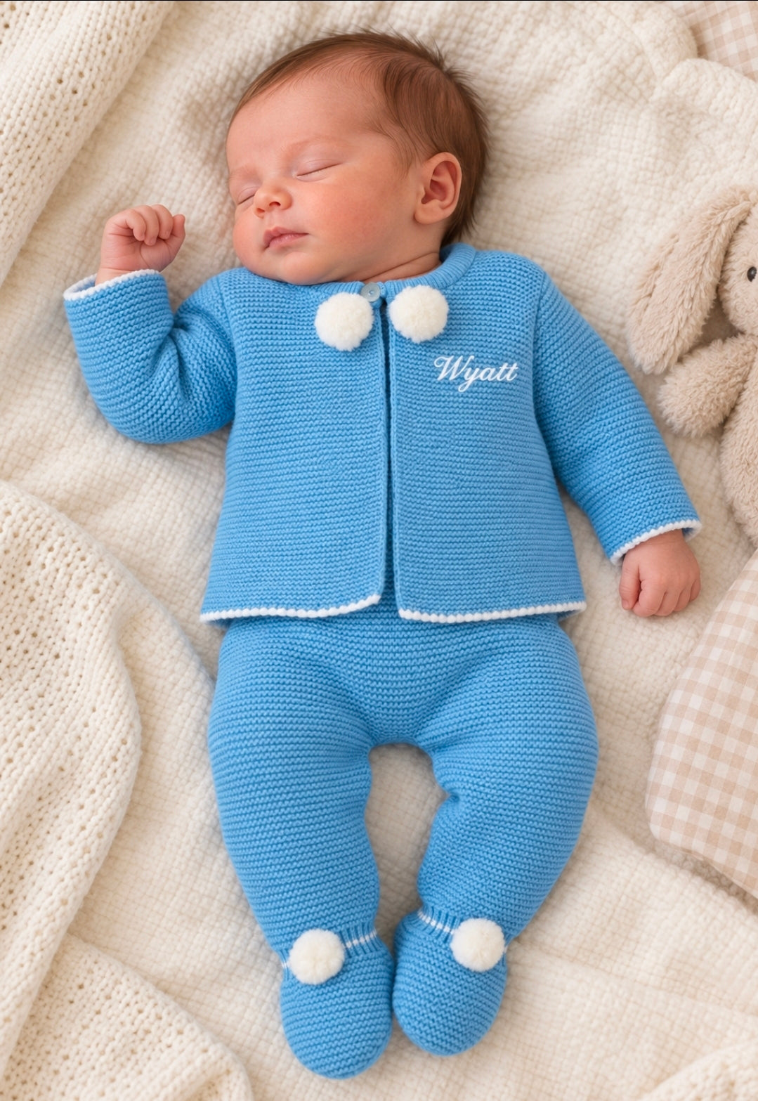 Baby Boys Personalised Dusky Blue Pom Pom Set
