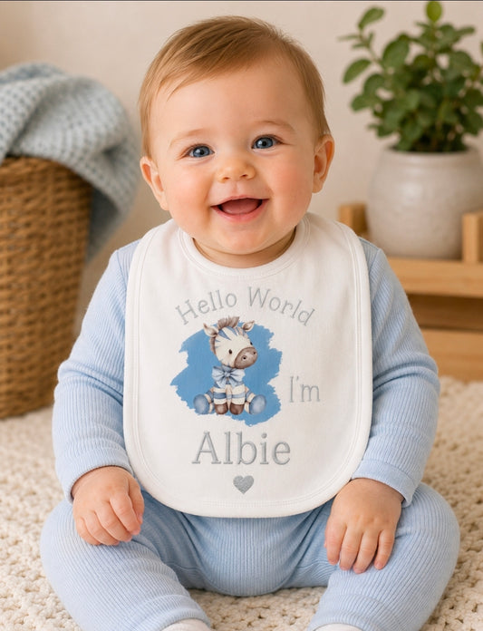 Baby Boys Personalised Hello World I'm Printed Blue Ziggy Zebra Bib