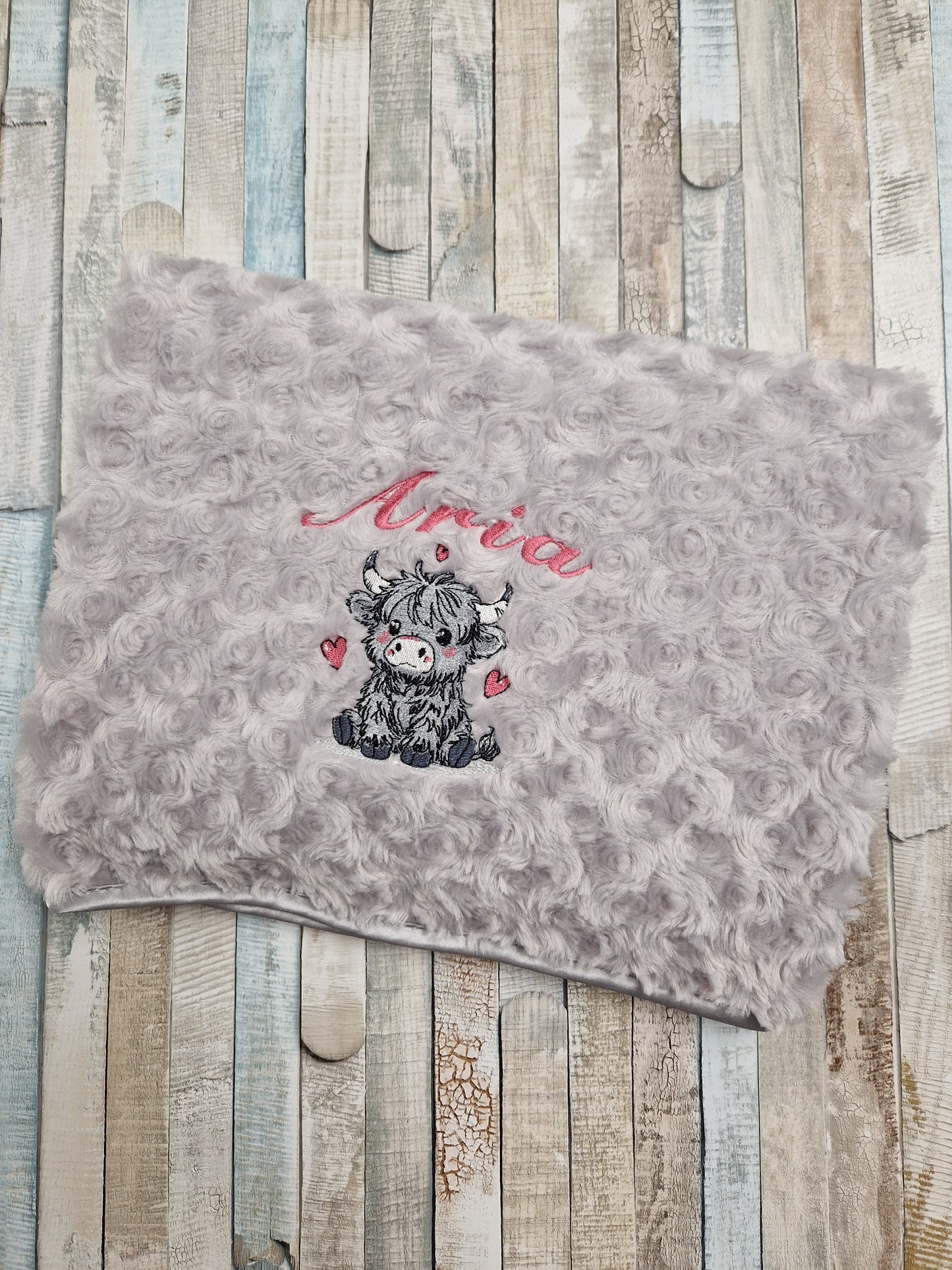 Personalised Baby Girls  Grey Soft Rose Highland Cow Wrap