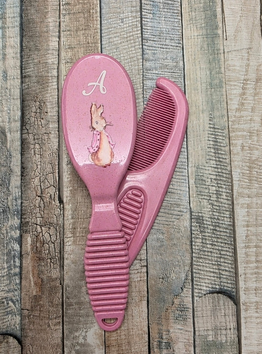 Baby Girls Pink Rabbit Brush And Comb Set With Initial