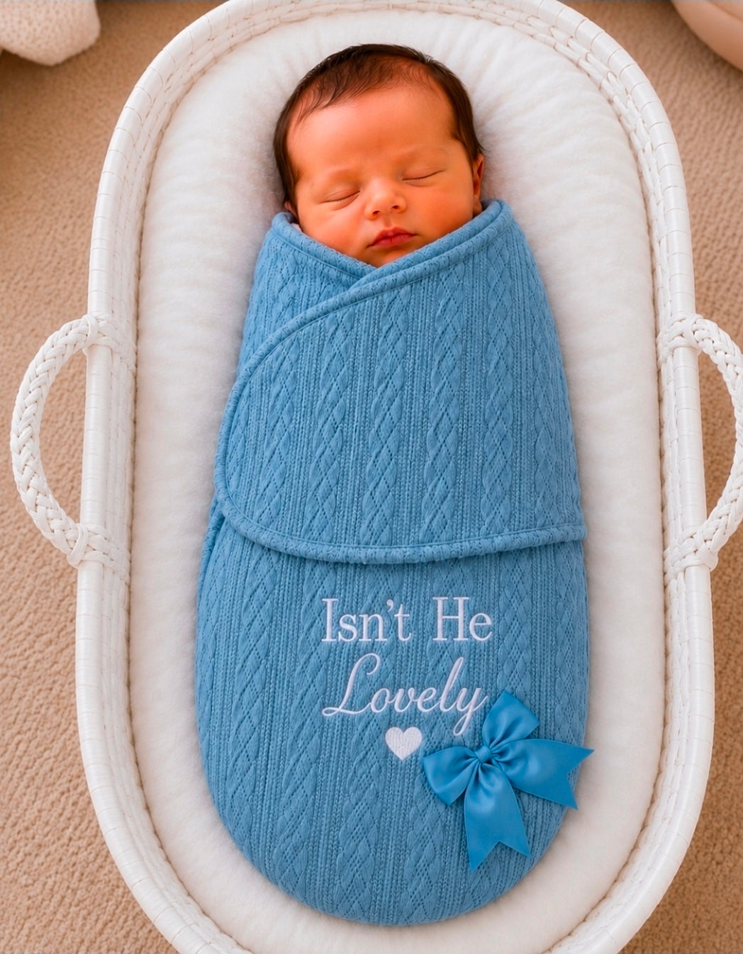 Baby Boys Dusky Blue Isn't He Lovely Cable Swaddle