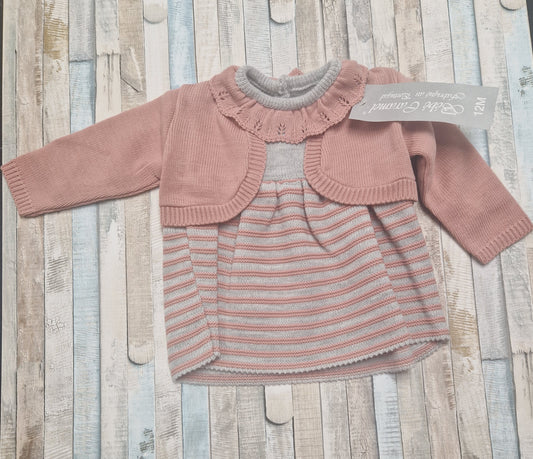 Baby Girls Dusky Pink And Grey Knitted Dress  With Dusky Pink Cardigan