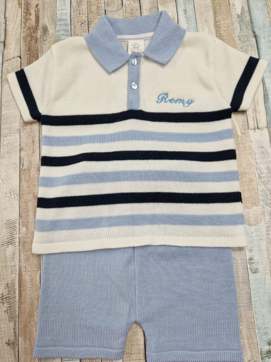 Baby Boys Blue White And Navy Striped Knitted Short Set