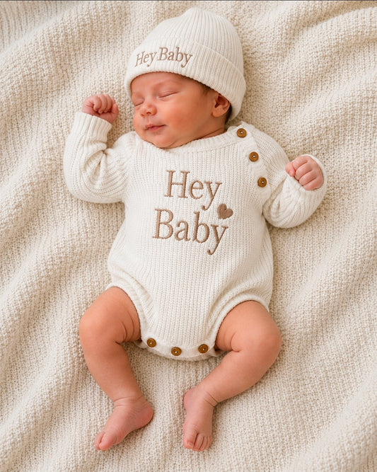 Nana B Hey Baby White Unisex Knitted Romper And Hat