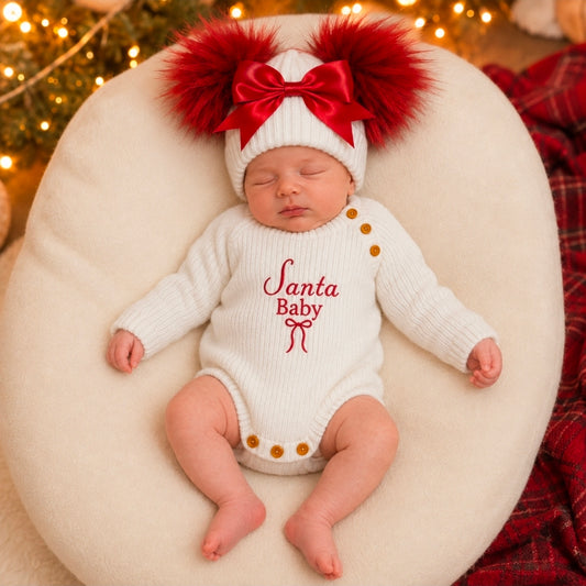 Baby Girls White And Red Bow And Fluffy Double Pom Hat