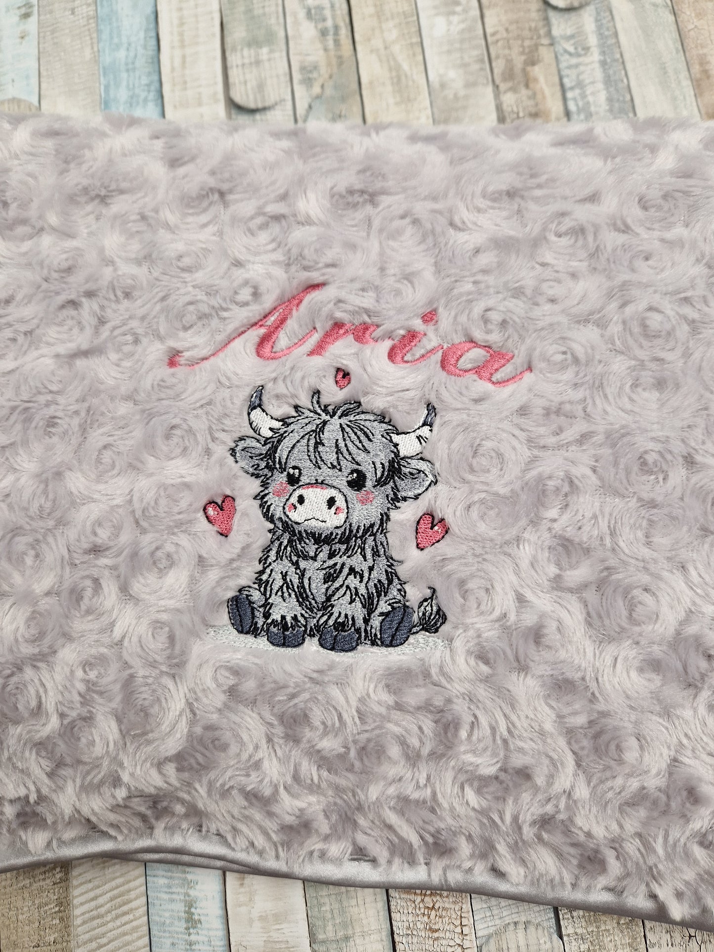Personalised Baby Girls  Grey Soft Rose Highland Cow Wrap