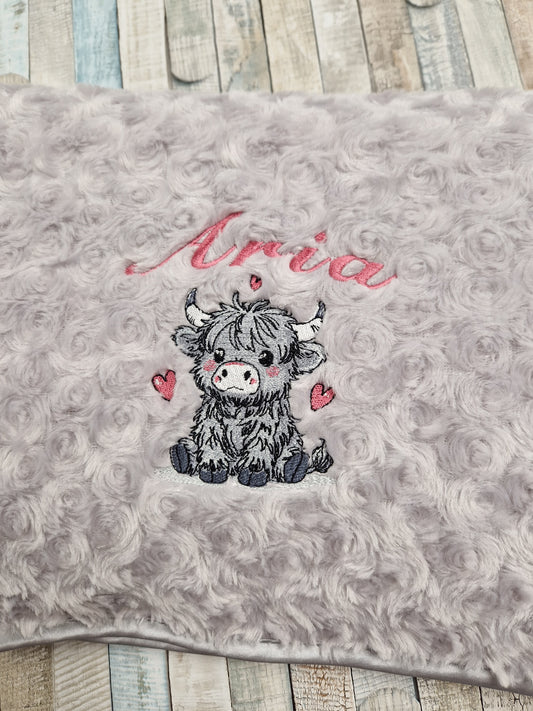 Personalised Baby Girls  Grey Soft Rose Highland Cow Wrap