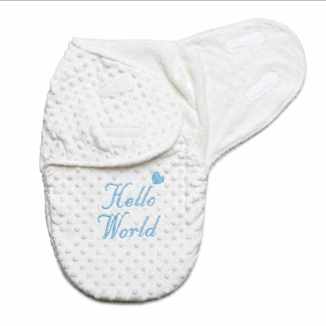 Hello World White Dimple Swaddle With Blue Embroidery