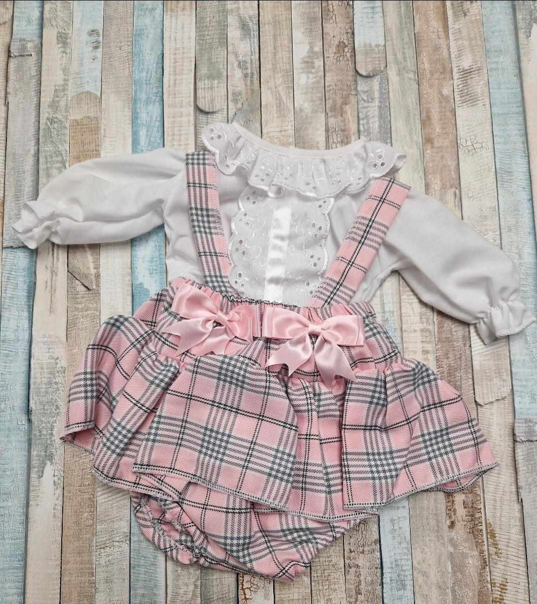 Baby Girls Pink And Grey Tartan Jam Pants With White Blouse