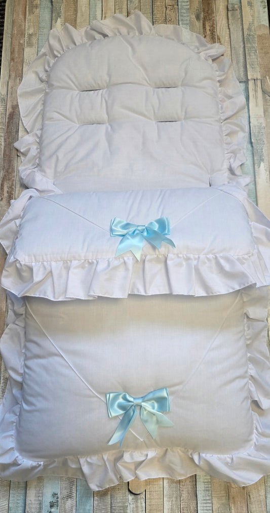 Baby White And Blue 2 Satin Bow Universal Pushchair Footmuff/Cosytoes
