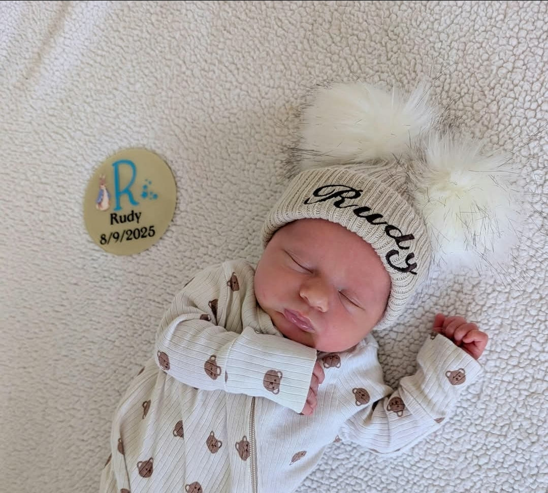 Personalised Baby Beige Double Fluffy Faux Fur Pom Knitted Hat