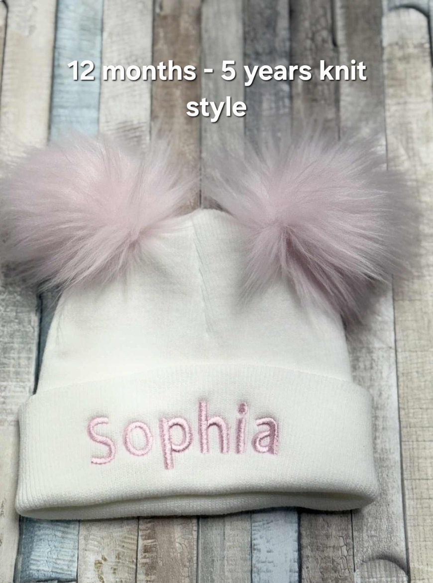 Personalised Baby White Knitted Double Pink Fluffy Faux Fur Pom Hat