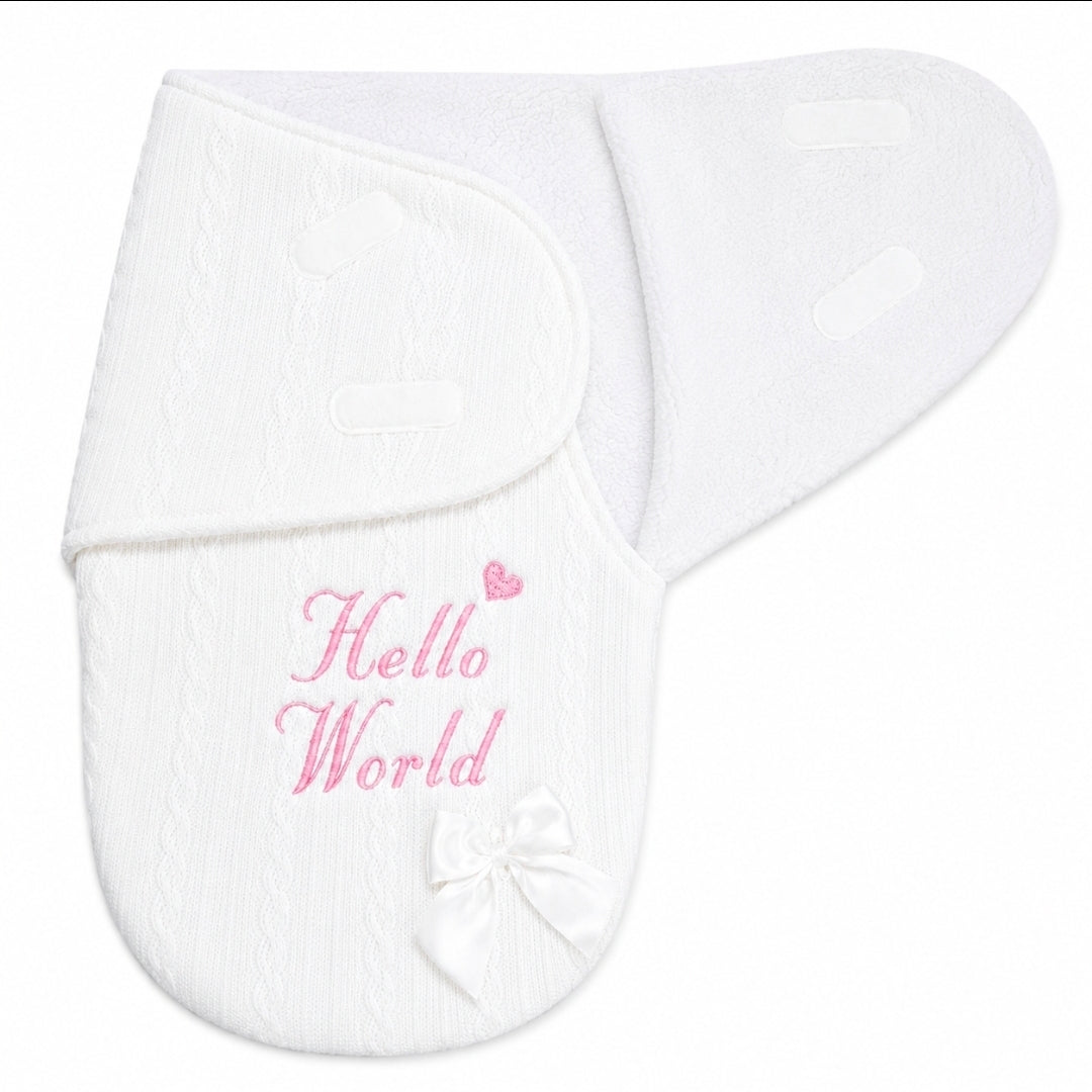 White Cable Design Swaddle With Hello World In Pink Embroidery