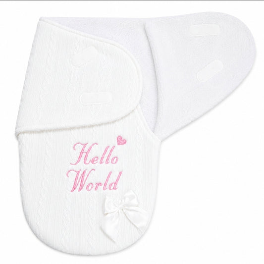 White Cable Design Swaddle With Hello World In Pink Embroidery