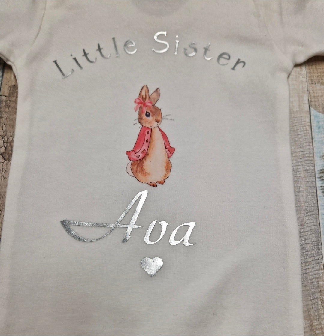 Baby Girls Printed Personalised Little Sister Babygro With Pink Rabbit