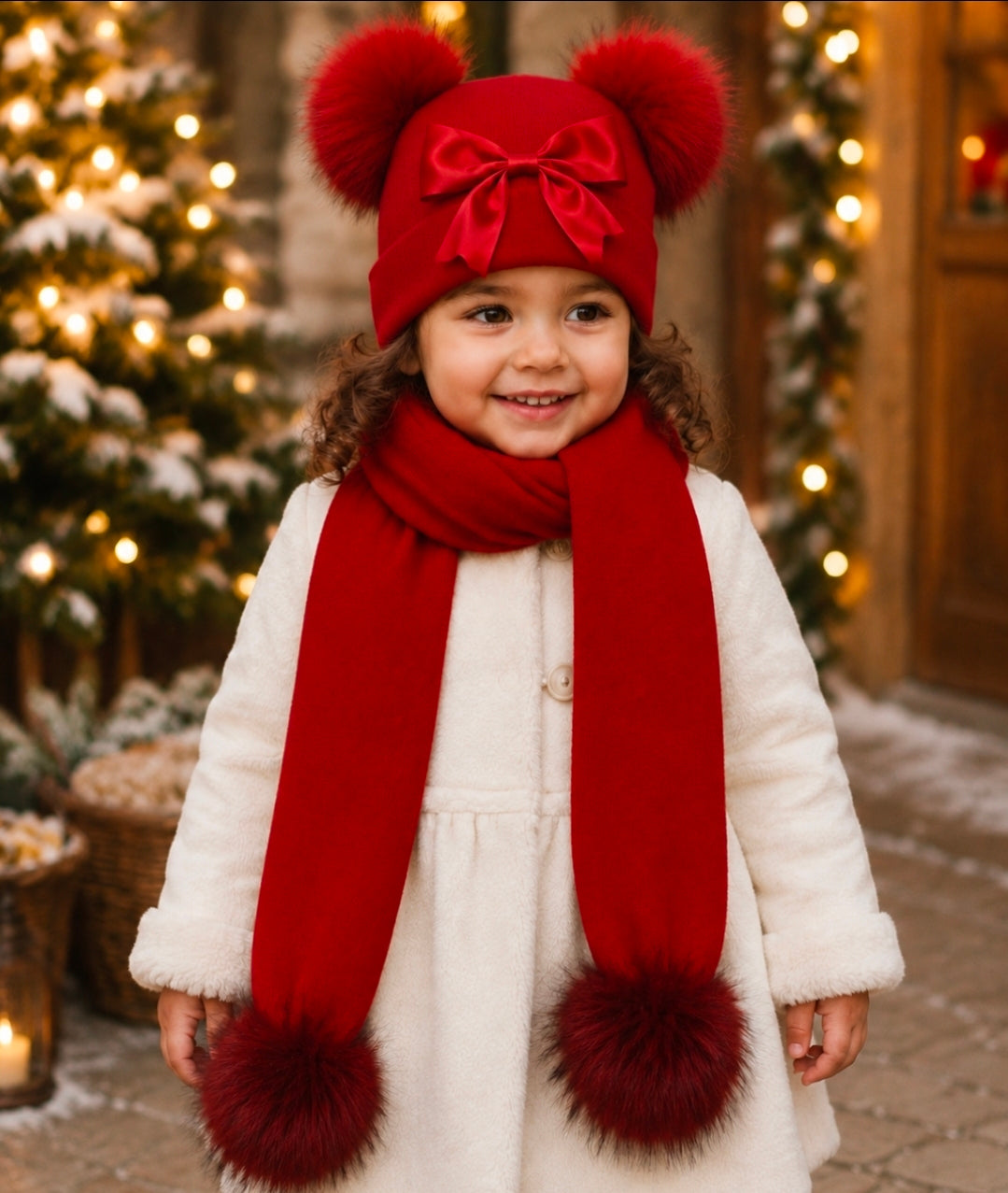 Baby Girls Red Satin Bow And Fluffy Double Pom Hat