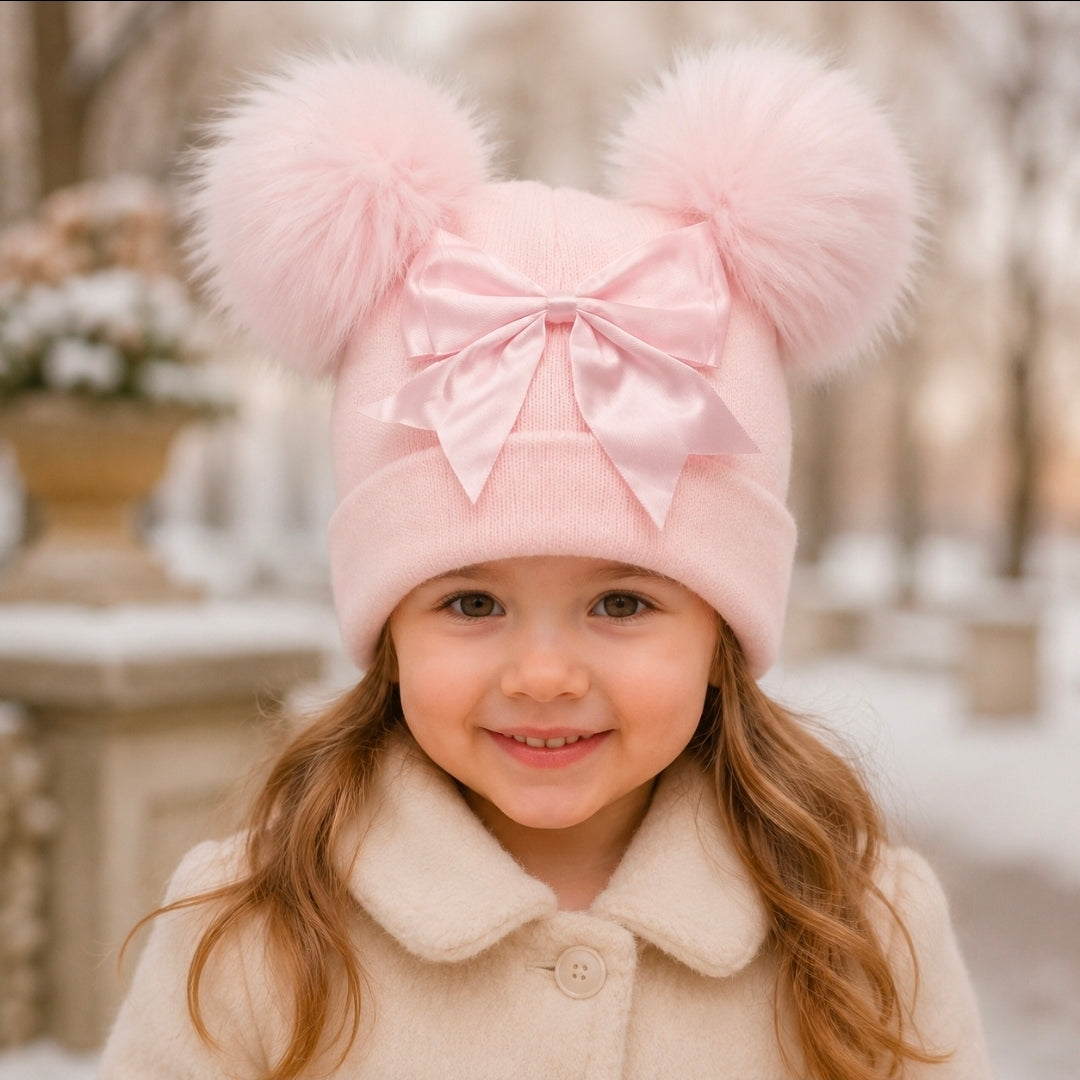 Baby Girls Pink Satin Bow And Fluffy Double Pom Hat