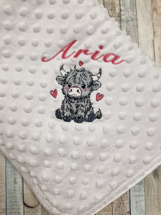 Baby Girls Personalised White Dimple Wrap With Grey Highland Cow