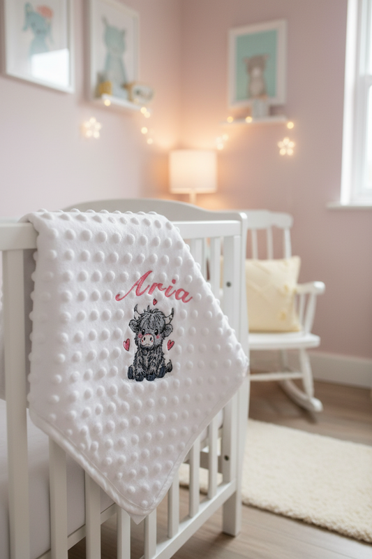 Baby Girls Personalised White Dimple Wrap With Grey Highland Cow