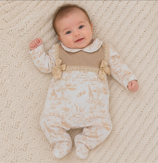 Baby Girls Beige And White Safari Printed Babygro