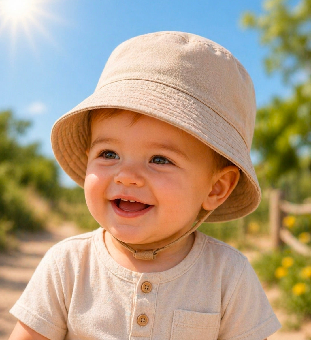 Boys Plain Beige Bucket Hat With Chin Strap