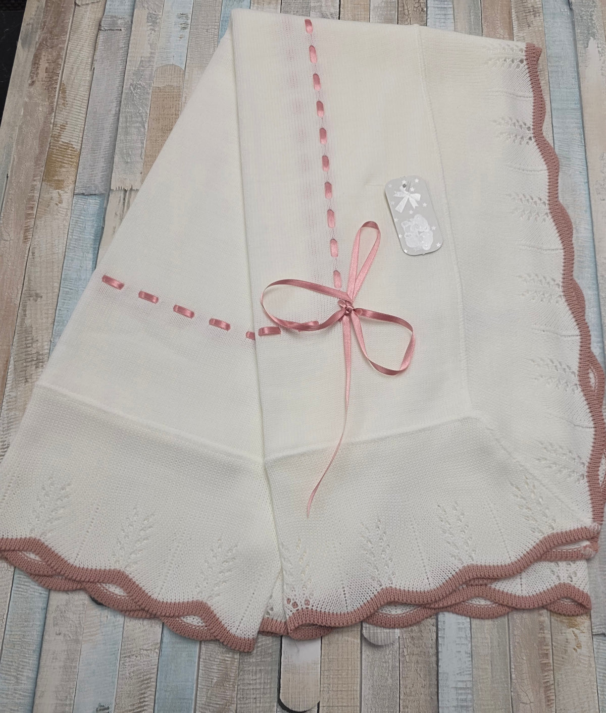 Baby Girls White And Dusky Pink Knitted Shawl With Dusky Pink Satin Ribbon