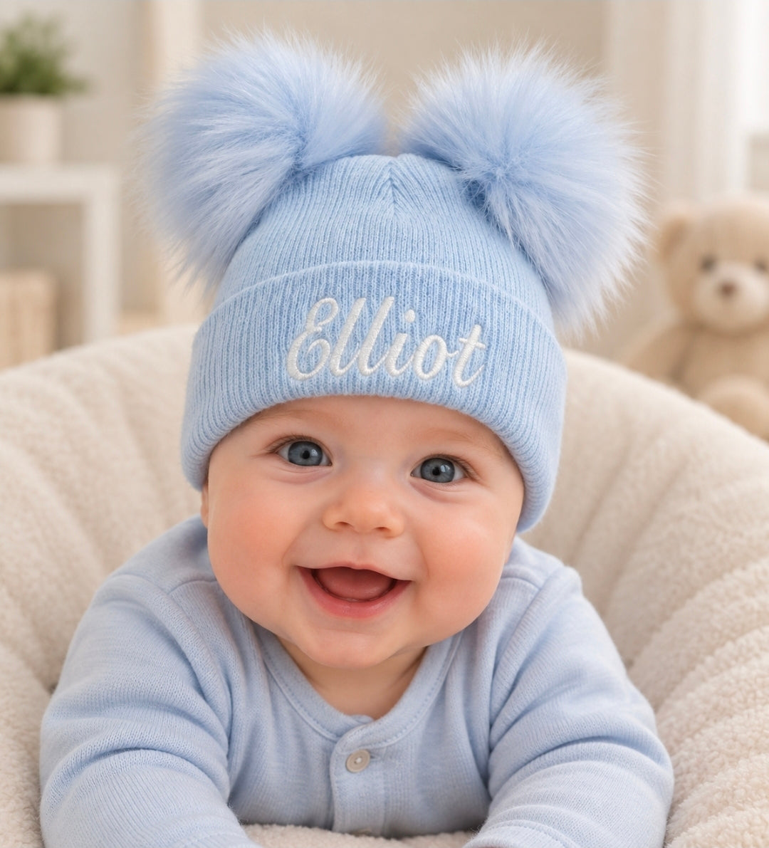 Personalised Baby Blue Knitted Double Blue Fluffy Faux Fur Pom Hat
