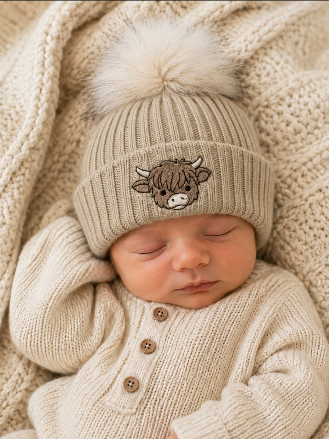 Unisex Baby Beige Highland Cow Hat