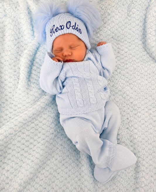 Personalised Baby Blue Knitted Double Blue Fluffy Faux Fur Pom Hat