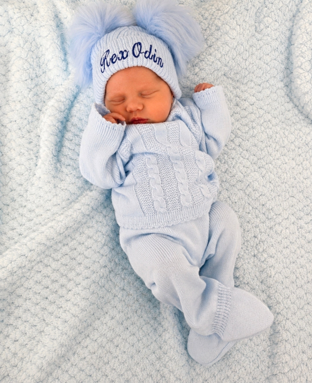 Personalised Baby Blue Knitted Double Blue Fluffy Faux Fur Pom Hat