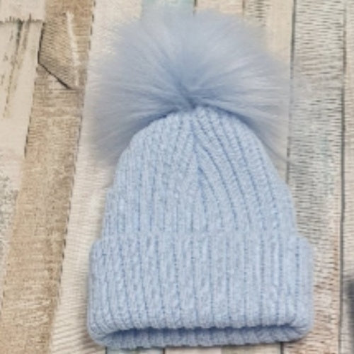 Baby Boys Knitted Single Blue Faux Fur Fluffy Pom Pom Hat