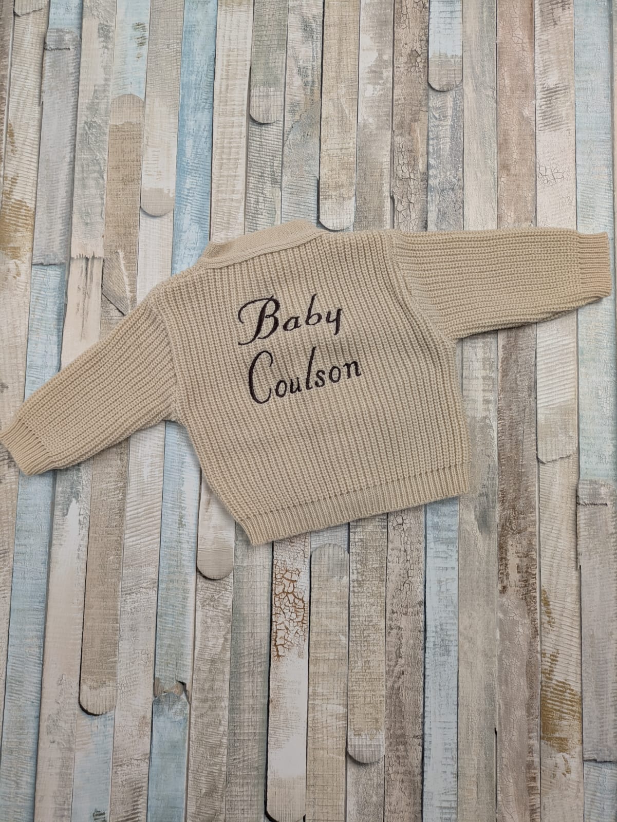 Unisex Baby Beige Personalised Baby And Name V Neck Ribbed Cardigan