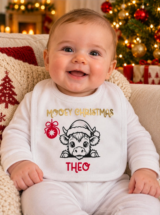 Baby Boys Mooey Christmas Highland Cow Printed Bib