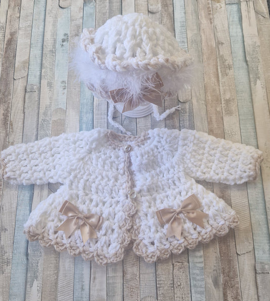 Baby Girls White And Beige Crochet Cardigan And Bonnet