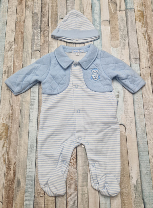 Baby Boys Blue And White Stripe Penguin Babygro Faux Cardigan Set With Hat