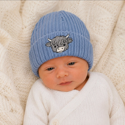Baby Boys Medium Blue Highland Cow Newborn Beanie Hat