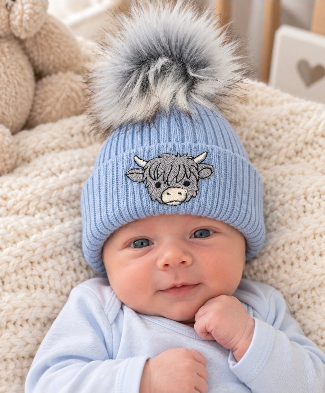 Baby Boys Medium Blue Highland Cow Hat