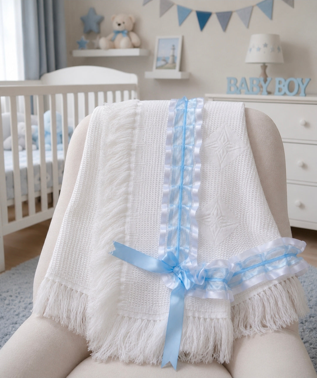 Baby Boys White & Blue Ruffle Lace Shawl