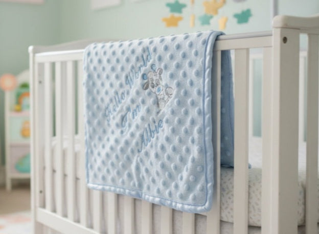 Personalised Hello World Blue Dimple Wrap With Blue Giraffe Embroidered Design