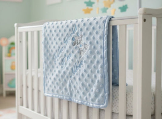 Personalised Hello World Blue Dimple Wrap With Blue Giraffe Embroidered Design