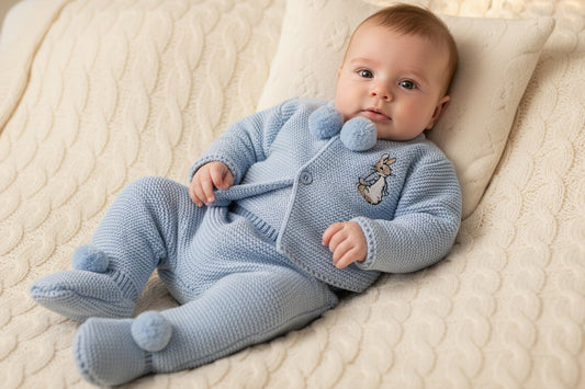 Baby Boys Blue Knitted Pom Pom Set With Embroidered Rabbit Design
