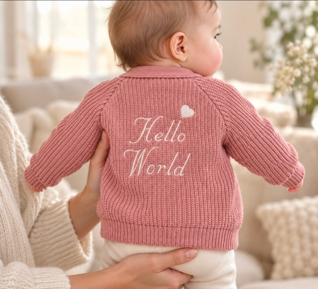 Baby Girls Dusky Pink Hello World Ribbed Cardigan
