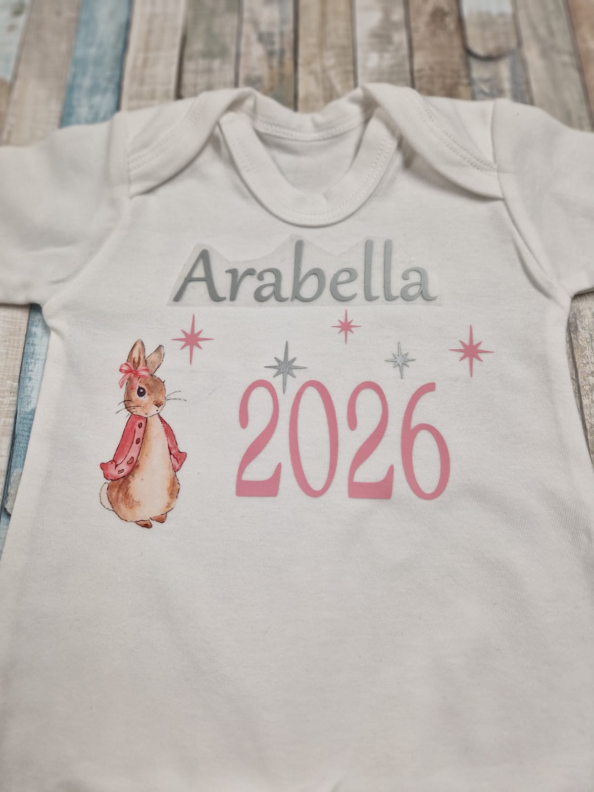 Personalised White Printed Babygro With Pink Rabbit Year Born