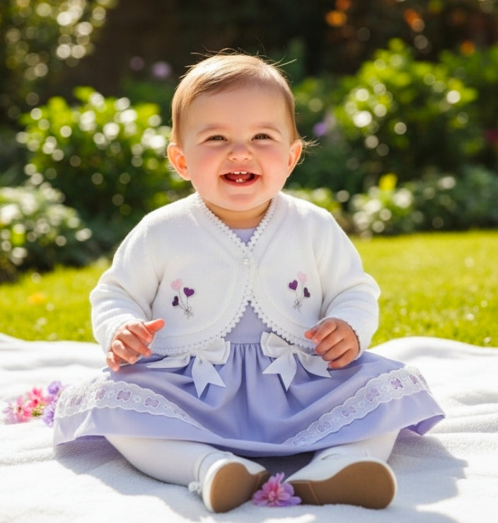 Baby  Girls White Bolero Cardigan Embroidered With Lilac Balloon Design