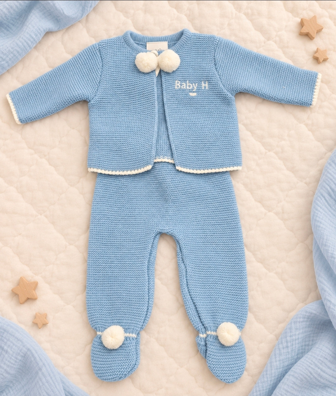 Baby Boys Personalised Dusky Blue Pom Pom Set