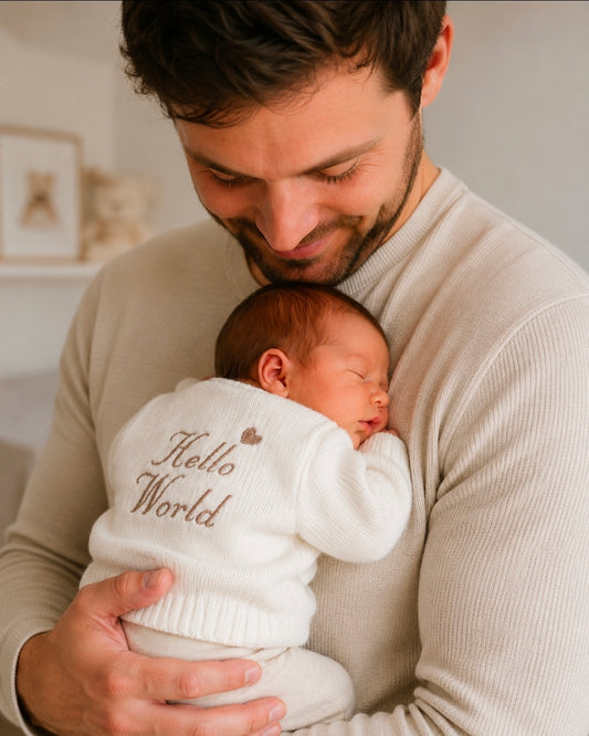 Baby Boys White Cable Knit Cardigan With Hello World Design