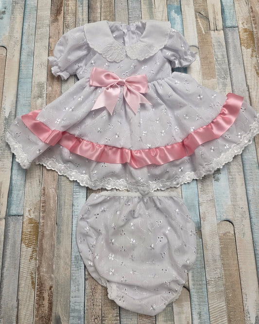 Nana 's Special Buys Baby Girls White And Pink Broderie Anglaise Dress And Pants Set