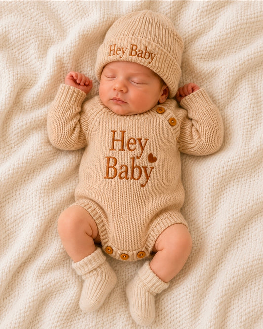 Nana B Hey Baby Beige Unisex Knitted Romper And Hat