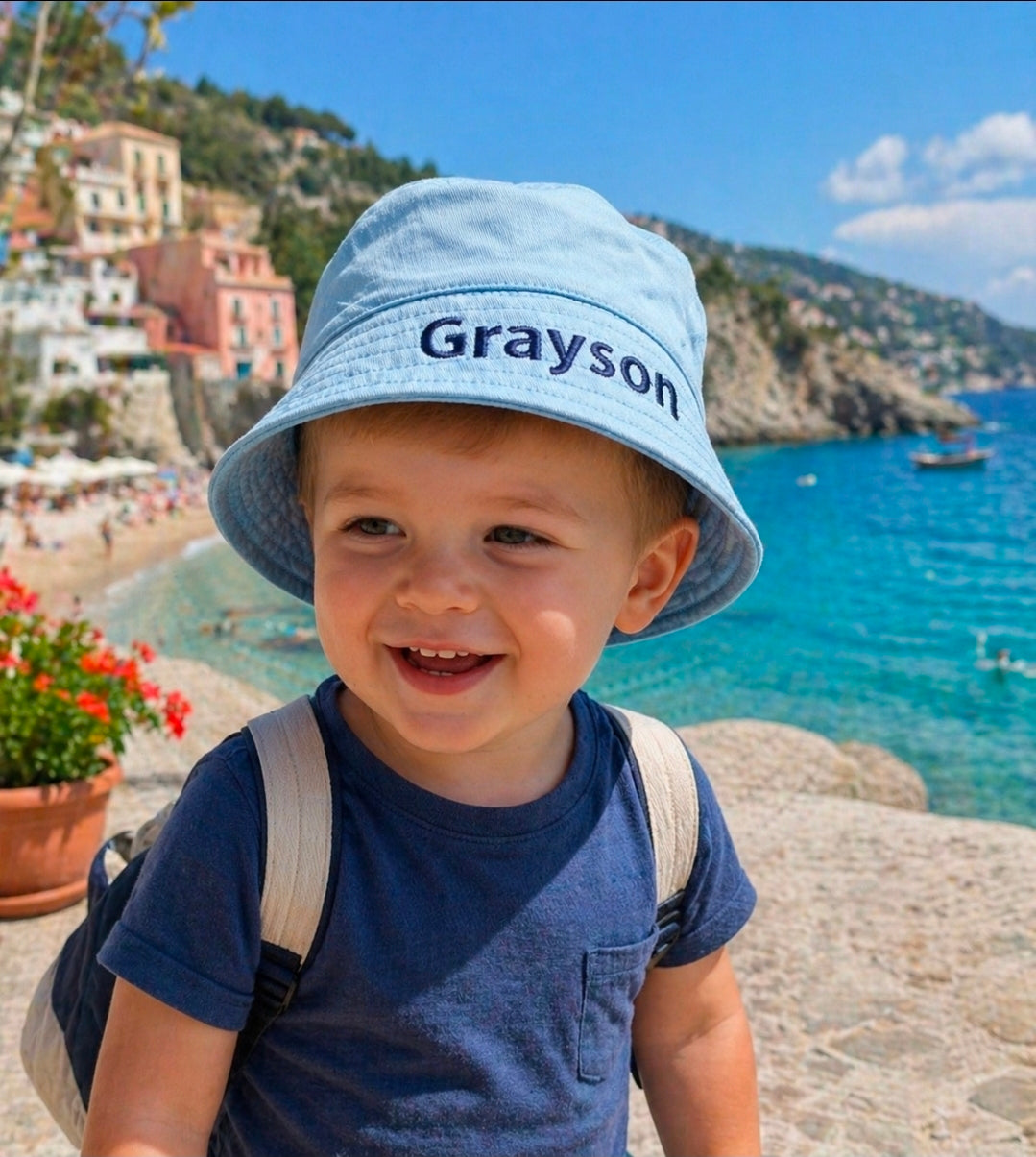 Personalised Baby Boys Blue Bucket Hat With Chin Strap